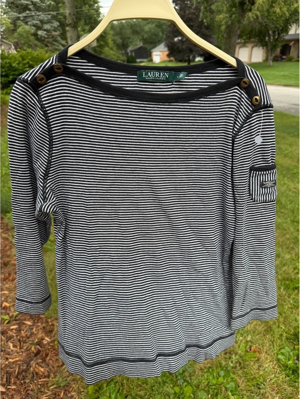 Women’s Y2K Ralph Lauren 90s minimalist striped 3/4 sleeve cotton shirt preppy L